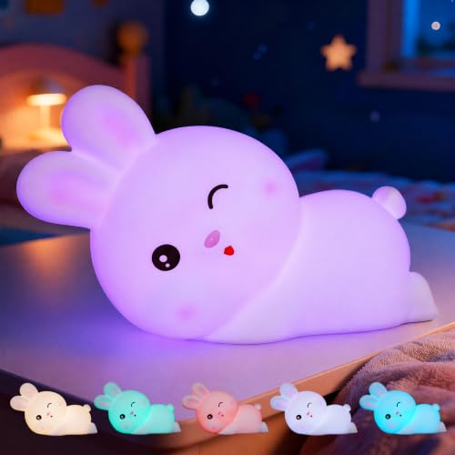 Bunny Lamp, Rabbit Night Light Gifts, Cute Soft Silicone Squishy LED Lamp with 7 RGB Colors, Dimmable, Touch Control, Bunny Stuff Toys Decor for Holiday Birthday Christmas - style: Bunny