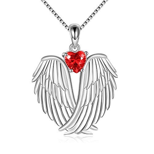 YFN Angel Wings Necklace 925 Sterling Silver Guardian Angel Wings Pendant Necklace Birthstone Necklace for Women Girls Christmas Jewelry Gifts - color: January-Red