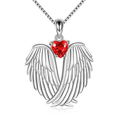 YFN Angel Wings Necklace 925 Sterling Silver Guardian Angel Wings Pendant Necklace Birthstone Necklace for Women Girls Christmas Jewelry Gifts - color: January-Red