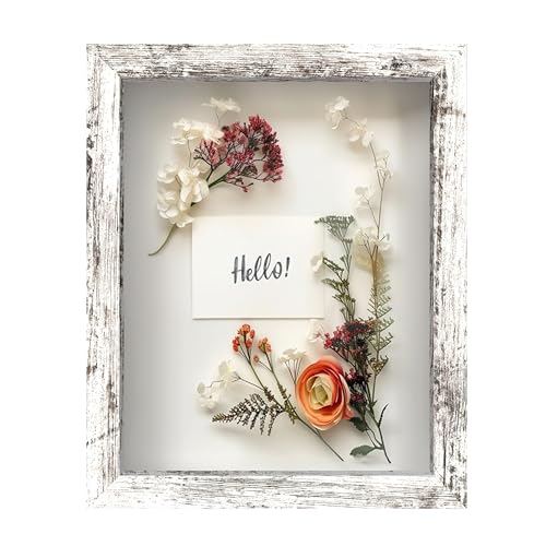 FrameWorks 8x10 Driftwood Wooden Shadow Box Frame – Soft Felt Back, Tempered Glass, and Included Elegant White Ball Push Pins - color: White Driftwood, size: 8"x10"