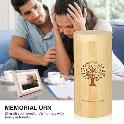Large Urns for Human Ashes with Screw On Lid,Bamboo Cremation Urns for Ashes Adult Male Female Men Women,Large Scattering Tubes with Tree of Life Pattern,5.1 * 11 Inches,with Velvet Bag - size: Large urn with threaded lid