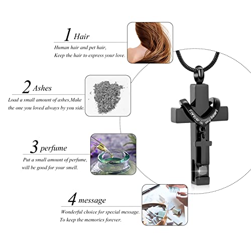 Forever in My Heart Birthstone Personalized Double Cross Urn Pendant Cremation Jewelry for Ashes Cross Ashes Keepsake - color: Black