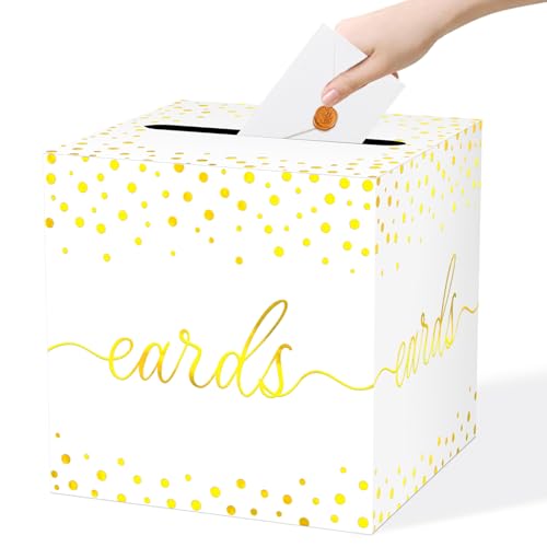 QISOLIY White Card Box for Party with Gold Foil Dots, 8.7" Gift Card Holder and Money Box for Wedding, Baby Shower, Birthday, Graduation, Retirement, Anniversary Decorations - color: White Dots Gold