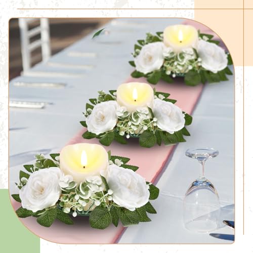 Yunlly 16 Set Rose Candle Rings Wreaths 3 Inch Center with Flameless LED Candles Artificial Rose Light Garland Fake Electric Votive Tealights Bulk Funeral Wedding Table Centerpieces Decor(White) - color: White