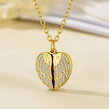 Custom4U Personalized Heart Locket Necklace with Pictures,Sunflower/Angel Wings/Heart Shaped Lockets Custom Photo,Gold/Rose Gold/White Lockets That Holds Picture,Customized Memorial Jewelry for Women - color: B-Angel Wings-Gold(Locket + Photo + Engraving)