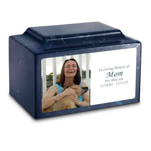 GetUrns Cultured Marble Urn Vault by Mackenzie with Personalized Picture and Text for Human Ashes I Navy Adult Urns for Male and Female I 210lbs - color: Navy