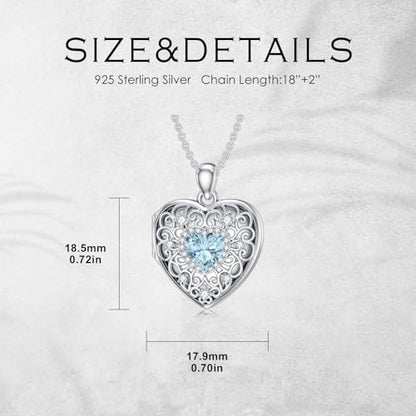 Heart Locket Necklace 925 Sterling Silver Personalized Picture Locket Pendant Birthday Christmas Jewelry Memorial Gifts for Women - color: March Crystal Locket