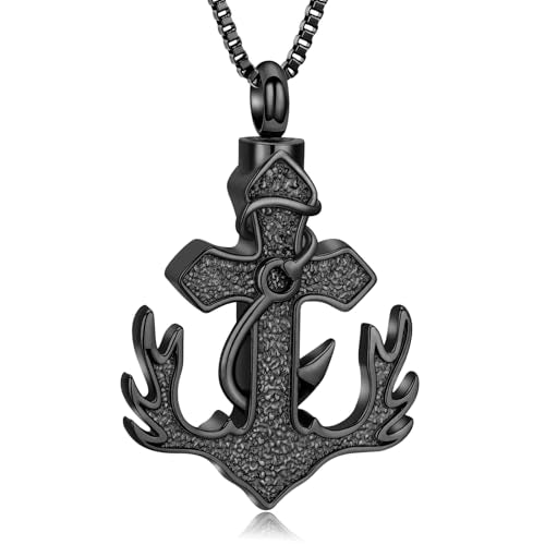 XSMZB Deer Antler Anchor Urn Necklace for Ashes Human Pet Fish Hook Cross Funeral Cremation Jewelry Keepsake Ash Pendant Memorial Necklaces - color: Black