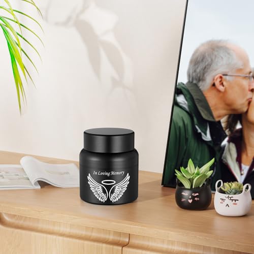 SOITIS Cremation Urn - 2.36 Inch Small Urn for Human Ashes - Elegant Black Aluminum Memorial Keepsake with White Wings Design - Funeral Urn for Ashes, Memorial Keepsake Holder - size: Small