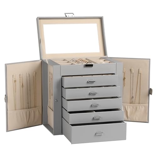 6-Layer Jewelry Box for Women,Large Jewelry Organizer with Drawer | Faux Leather,Built-in Mirror,Spacious Jewelry Storage,16 Necklace Hooks,Organizing by Category for Rings Earrings Bracelet - color: Grey, size: Large
