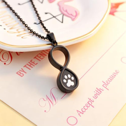 Infinity Pet Urn Necklace for Ashes Dog Cat Paw Print Eternal Love Cremation Jewelry Keepsake Ashes Necklace Stainless Steel Memorial Urn Pendant Necklace Infinite Shape Funeral Urn Necklace - color: Black