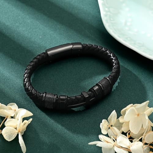 Urn Bracelet for Ashes With Leather Cremation Knot Cross Bracelet Stainless Steel Keepsake Cuff Bangle for Men Gifts With Funnel Kit & Bag - color: Black-24cm