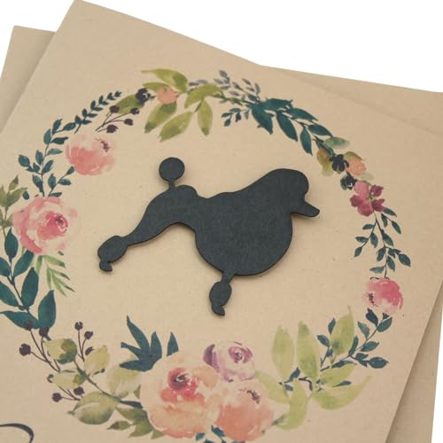 Poodle Continental Clip Floral Wreath Sympathy Card | Handmade 5x7 Pet Condolences Greeting | Dog Silhouette Kraft Brown Base Card | Toy Miniature Standard - color: Kraft Brown, style: Poodle (Continental Clip)