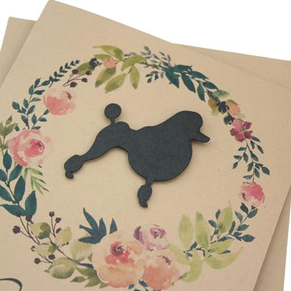 Poodle Continental Clip Floral Wreath Sympathy Card | Handmade 5x7 Pet Condolences Greeting | Dog Silhouette Kraft Brown Base Card | Toy Miniature Standard - color: Kraft Brown, style: Poodle (Continental Clip)
