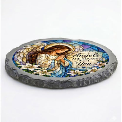Magnolia Garden 10-Inch Angels are Always with You - Faux Stained Glass Guardian Angel Garden Stone, Weather-Resistant Resin Remembrance Accent, Comfort Sympathy Outdoor Yard Decor & Walkway Plaque