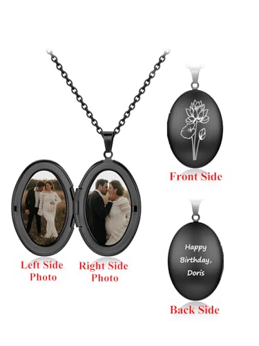 Custom Photo Locket Necklace Women Personalized Text Birth Flower Necklace that Hold Picture Stainless Steel Memorial Jewelry for Mothers Day Christmas - color: Black