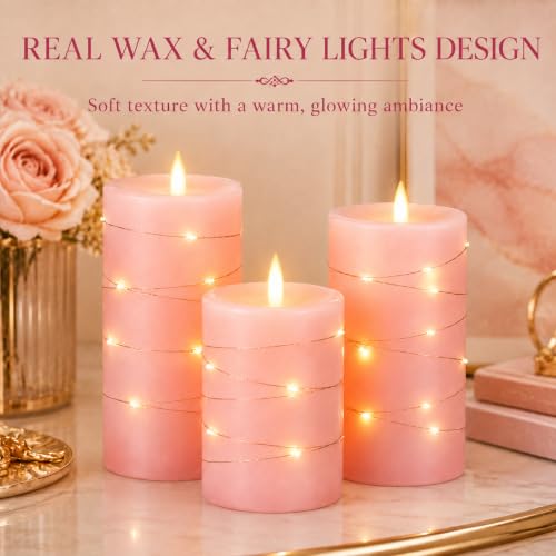 Upinmz Flickering Flameless Candles with Embedded String Lights, Battery Operated Candles with Remote Control and Timer,LED Candles for Home Decoration,Real Wax, 3 Pack Pink - size: Pink-Wax-3 Pack