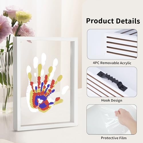 CHERRY CHEERS Family Handprint Kit, DIY Craft Keepsake Wooden Frame, Endless Gift Set, Non-Toxic Paints, Transparent Sheets (White) - color: White