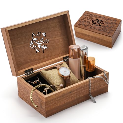 ZAVOOS Memory Box, Acacia Wood Floral Engraved Souvenir Box with Hinged Lid, Small Decorative Jewelry Storage Organizer for Thanksgiving, Christmas, Birthday, Anniversary