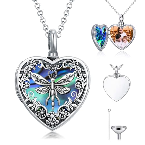 Personalized Heart Urn Locket Necklace for Ashes and Pictures 925 Sterling Silver Customized Locket Cremation Necklace for Ashes Memorial Keepsake Jewelry for Women - color: Abalone Dragonfly Urn Locket, style: Custom
