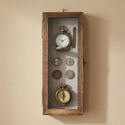 Shadow Box 5" x 12.5", Solid Wood Box Frame with Linen Background and 10 Solid Wood Pins, 2 Hanging Designs, Memory Display Case for Wedding Bouquet Memorabilia Medals Photos Keepsakes, Dried Flowers