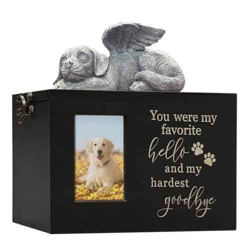 Solid Wood Memorial Urn for Dogs Ashes Box with Picture Frame Black Funeral Cremation Box Wooden Keepsake Container with Flannel Lining for Loss of Pet Remembrance Gift (Black Dog Urn-Hello-Medium) - color: Dog Urn-black-hello, size: Medium