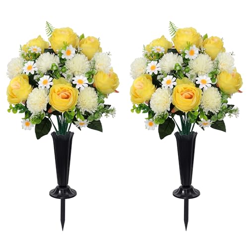 Wocst Cemetery Flowers for Graves 2PCS Grave Roses Silks Bouquets with Vases for Outdoor Grave Decorations Weatherproof,NO-Fading - color: Yellow