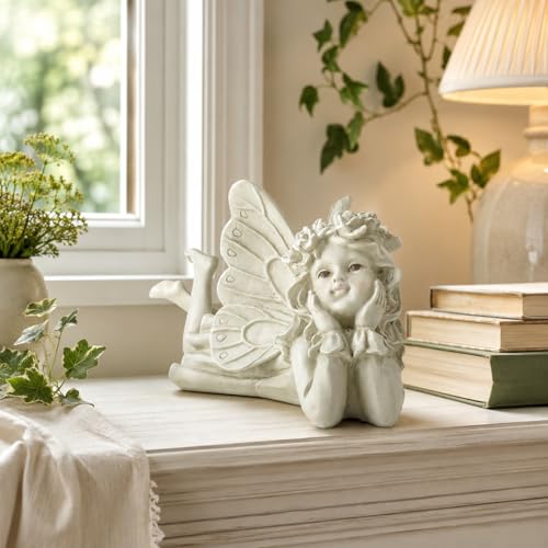 Laying Angel Garden Statue, Resin Fairy Figurine Outdoor Yard Decor | Whimsical Accent For Flower Beds, Patios, Shelves And Garden Lovers - style: Laying Angel Holding Face