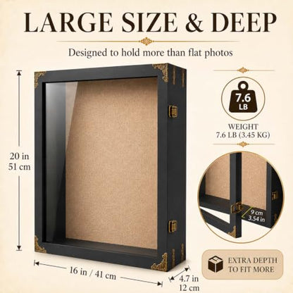 16x20x4.7 Inch Large Shadow Box Frame, 3.5-Inch Deep (Rustic Black) | Tempered glass, solid wood and linen backing for rustic wall display of wedding bouquets, graduation caps and keepsakes - size: 16x20 Inch