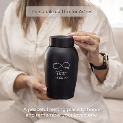 Personalized Cremation Keepsake Pet Ashes Urn Waterproof with Airtight Closure Customized Text Engraving Vase Container Memorial Dog Cat Funeral Decorative (Infinity Symbol w/Paws & Hearts)