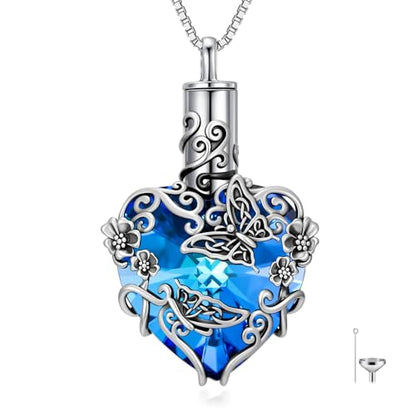 JKR Heart Urn Necklace for Ashes Crystal Keepsake Pendant Memorial Jewelry | Crystal Cremation Jewelry Loss Of Loved One Sympathy Gift for Mom Wife Grandma Daughter - style: Butterfly-Blue Heart