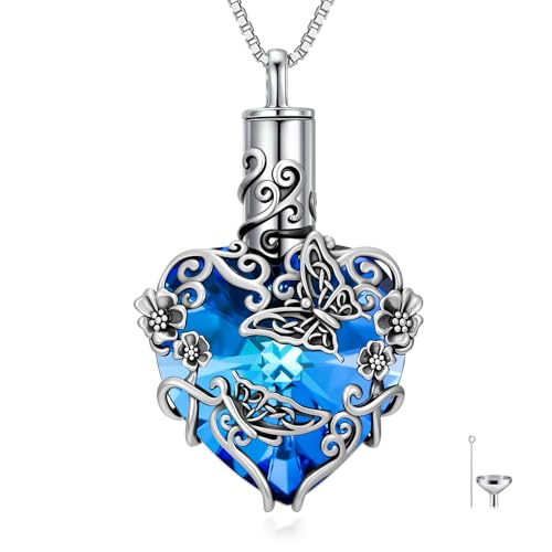JKR Heart Urn Necklace for Ashes Crystal Keepsake Pendant Memorial Jewelry - style: Butterfly-Blue Heart