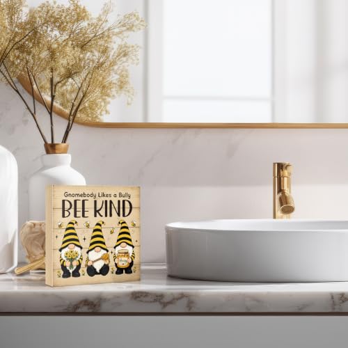 Gnomebody Likes A Bully Bee Kind Wooden Box Sign Farmhouse Gifts | 6x6 Inch Funny Bee Gnome Office Table Wood Plaque Desk Decor, Rustic Accent Home Kitchen Classroom Bedroom, Bees Lover Gifts - color: Yellow-Black