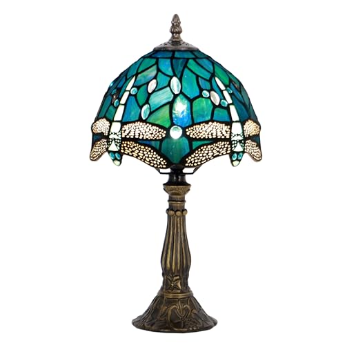 Tiffany Table Lamp Stained Glass Bedside Accent Light 8X8X14.5 inch | Blue Dragonfly Style Stained Glass Memory Sympathy Light Push Button Switch Vintage Resin Base Decor For Bedroom Living Room - color: Sea Blue Dragonfly Style