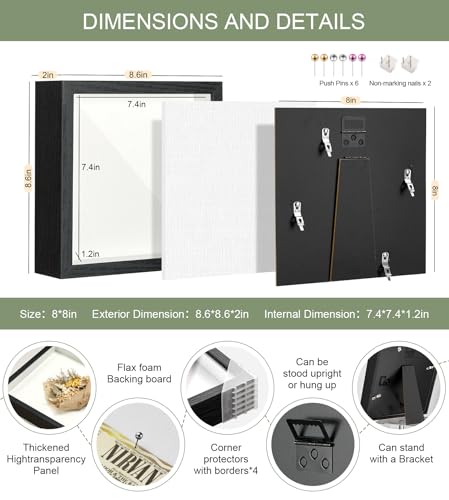 8x8 Shadow Box Frame with Thickened Acrylic Panel & Pins - color: Black+foam Back+foam Packaging, size: 8x8