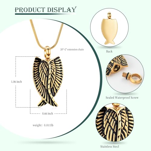 Angel Wings Cremation Jewelry Necklaces Stainless Steel Urn Necklaces for Ashes Memorial Keepsake Pendant for Women Men Gifts With Funnel Kit & Bag - color: Gold+Black