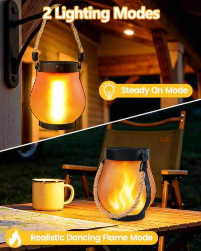 6 Pack Solar Lanterns Outdoor Waterproof, Flickering Flame Solar Lights | USB/Solar Charging, 2 Modes, IP65 Waterproof, Auto ON/OFF, Hemp Rope Handle, Hanging/Tabletop, for Tree Garden Yard Patio - size: 6 Pack