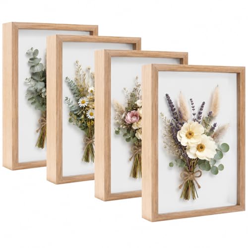 4 Pack Shadow Box Frame Display Cases, 8"x 10" Wood Deep Black Handicrafts Shadowbox Picture Frame for Flowers Jersey Baby Wedding Dress (Burlywood) - color: Burlywood, size: 8X10