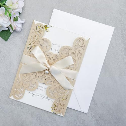 20Pcs Champagne Laser Cut Wedding Invitation Cards With Envelopes - color: Champagne