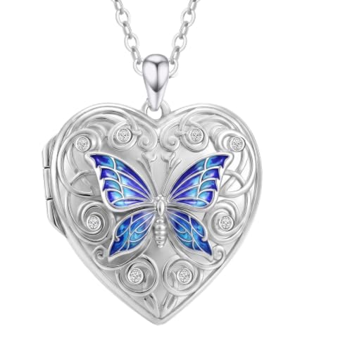 Poiuy Photo Locket Necklace for Women, Heart Picture Pendant Photo Necklace Jewelry Christmas Memorial Birthday Gifts for Women Daughter Mom - color: Butterfly Locket Necklace