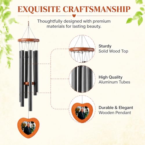 32 Inch Personalized Memorial Wind Chimes with Photo Frame | Double-Sided Poem & Design; Custom Photo Frame; Handwritten Memorial Card; Deep Tone; Indoor/Outdoor Keepsake