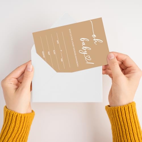 Oh Baby! Brown Baby Shower Invitations for Boys Girls, Minimalism Invite Cards for Baby Announcement, 25 Set of Fill-in Invites with Envelopes, Gender Reveal Party Supplies -B13 - color: Brown-Oh Baby