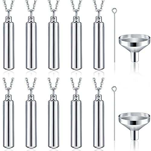 Yaomiao 10 Pcs Urn Necklace for Ashes Stainless Steel,Silver | Cremation Keepsake Pendant Loved One Memorial, Ashes Necklaces with Funnel and Filling Tool, Waterproof Cylinder Design - color: Silver