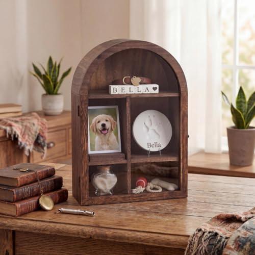 Threehoney Pet Memorial Shadow Box 10.8*16 Inch Solid Wood Shadow Box with Shelves Keepsakes for Deceased Pets Dogs and Cats Remembrance Loss Sympathy Gift Tabletop Wall Hanging(Carbonization Black)