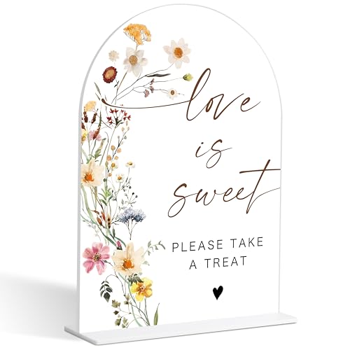 Love Is Sweet Sign for Dessert Table, Flower Style Bridal Shower Sign for Wedding, Engagement and Reception, Dessert Table Decorations, Wedding Shower Favors, 6X8 Inch Acrylic Arch Sign with Stand,16 - color: Love Is,16