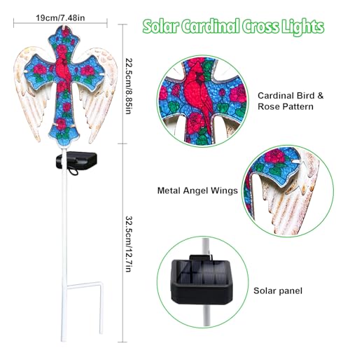 Solar Cross Lights Outdoor, Solar Cardinal Stake Lights Cemetery Decorations for Grave, Jesus Cross Sympathy Memorial Gifts for Women Mom Christmas, Glass Garden Art for Cemetery Yard Patio - style: 1 Pack Cardinal Cross