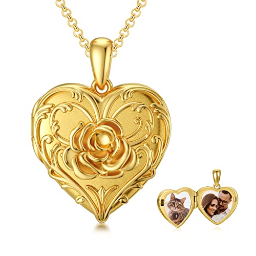 SOULMEET Sunflower/Rose/Daisy Heart Locket Necklace That Holds Pictures Keep Someone Near to You Sterling Silver/Gold Personalized Photo Locket Gift - style: A2-Solid gold rose locket+photo