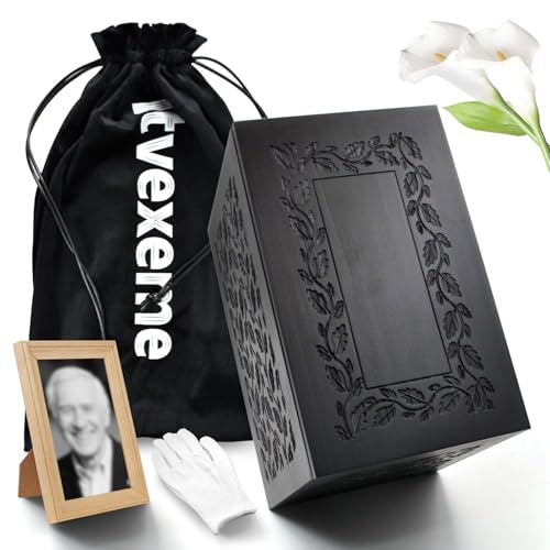 Cremation Urn Adult Human Ashes, Wooden Tree of Life, Black | Holds up to 250 lbs, Urns Box and Casket for Men Women, Dimensions: 9.45"(L) x 5.9"(W) x 7.1"(H) - color: Bk