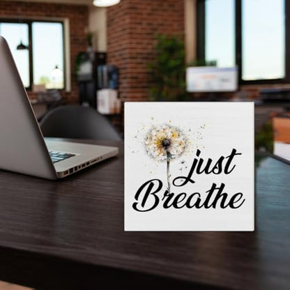 Inspirational Quote Desk Wooden Sign Decor Just Breathe Square Wood Sign | Desk Decoration Positive Dandelion Quotes Wood Block Box for Shelf Home 5 x 5 Inches