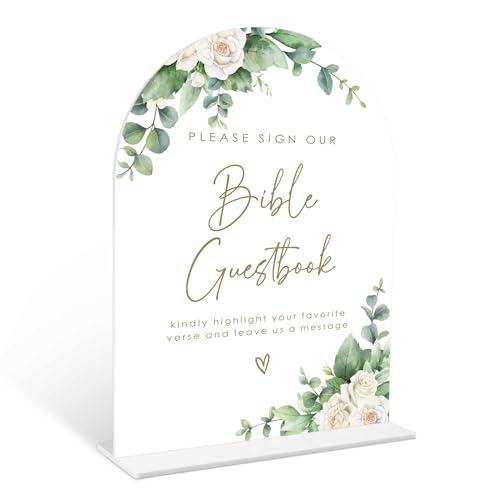 Eucalyptus Rose Bible Guest Book Sign, 6 x 8 Inch White Arch Acrylic Wedding Sign with Holder, Wedding Sign for Ceremony and Reception, Wedding Decoration, Wedding Supplies - AM28 - color: Rose Bible Guest Book, size: Eucalyptus 6X8IN